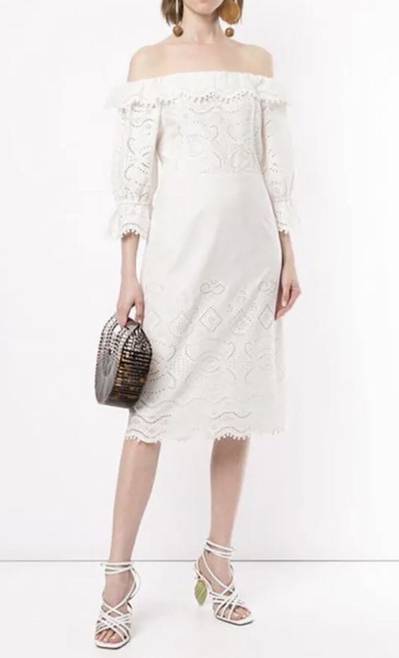 Sea New York White Eyelet Dress Off The Shoulder Midi Romantic Feminine Size 4
